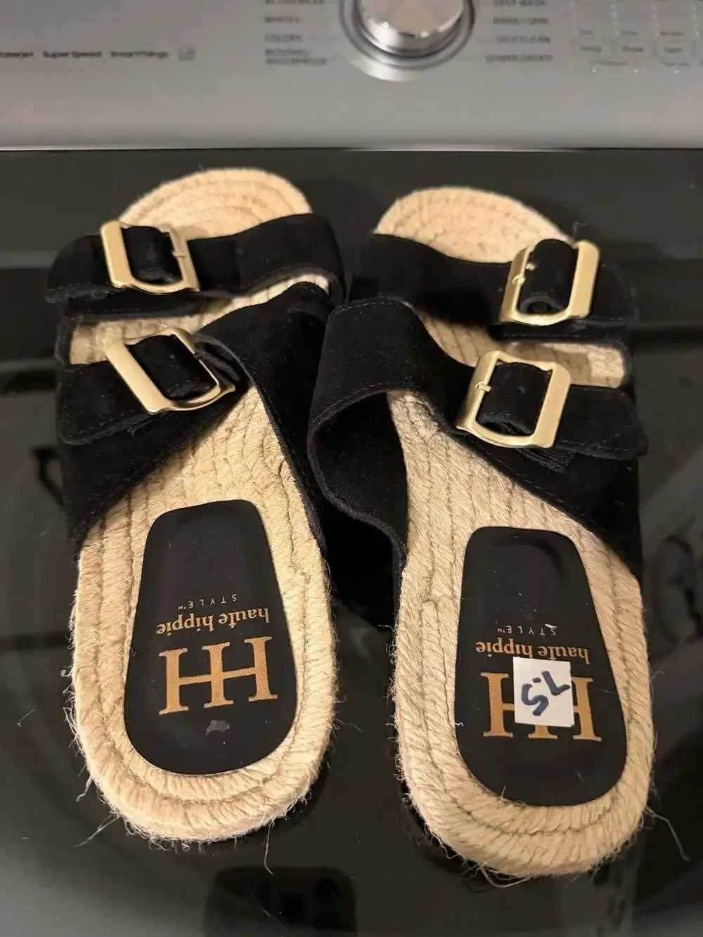 Haute Hippie Black Suede Double Buckle Espadrille Slide Sandals